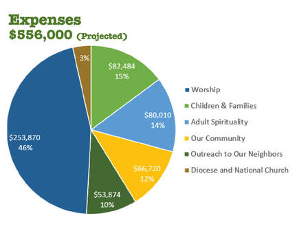 St. Paul's Episcopal Church Expenses 2021; Total = $497k. $74323 on children and families. $73537 on adult spirituality. $63337 on our community. $53993 on outreach to our neighbors. $213383 on worship. $17986 on diocese and national church.